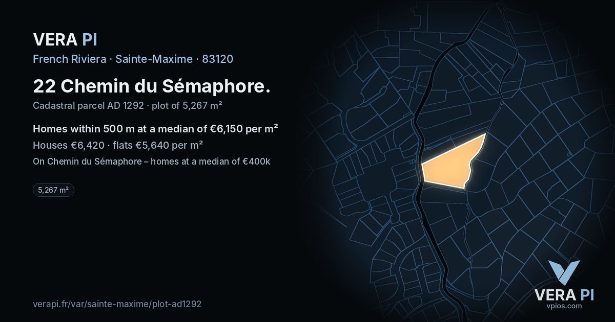 22 Chemin du Sémaphore, Sainte-Maxime at night – the plot lit, the parcels around coloured by the prices near them