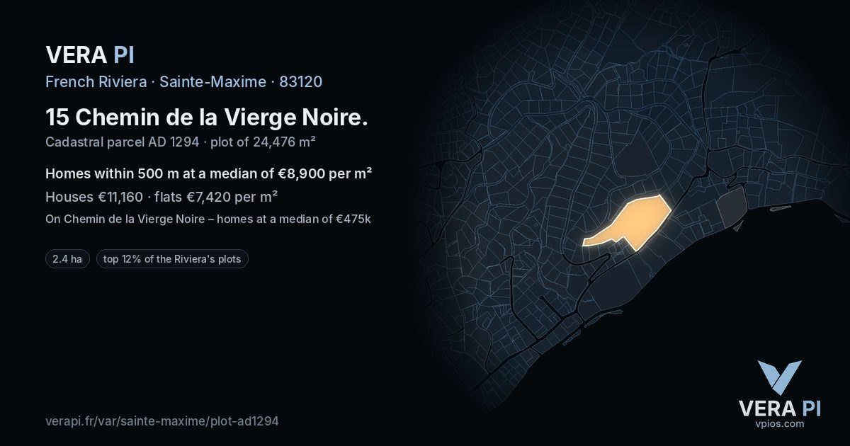 15 Chemin de la Vierge Noire, Sainte-Maxime at night – the plot lit, the parcels around coloured by the prices near them