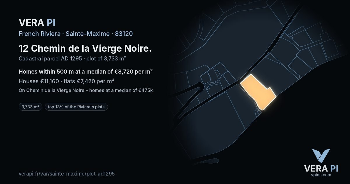 12 Chemin de la Vierge Noire, Sainte-Maxime at night – the plot lit, the parcels around coloured by the prices near them