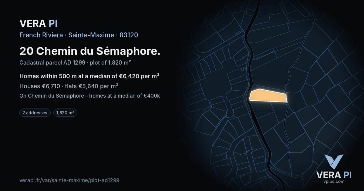 20 Chemin du Sémaphore, Sainte-Maxime at night – the plot lit, the parcels around coloured by the prices near them