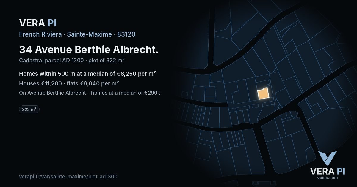 34 Avenue Berthie Albrecht, Sainte-Maxime at night – the plot lit, the parcels around coloured by the prices near them