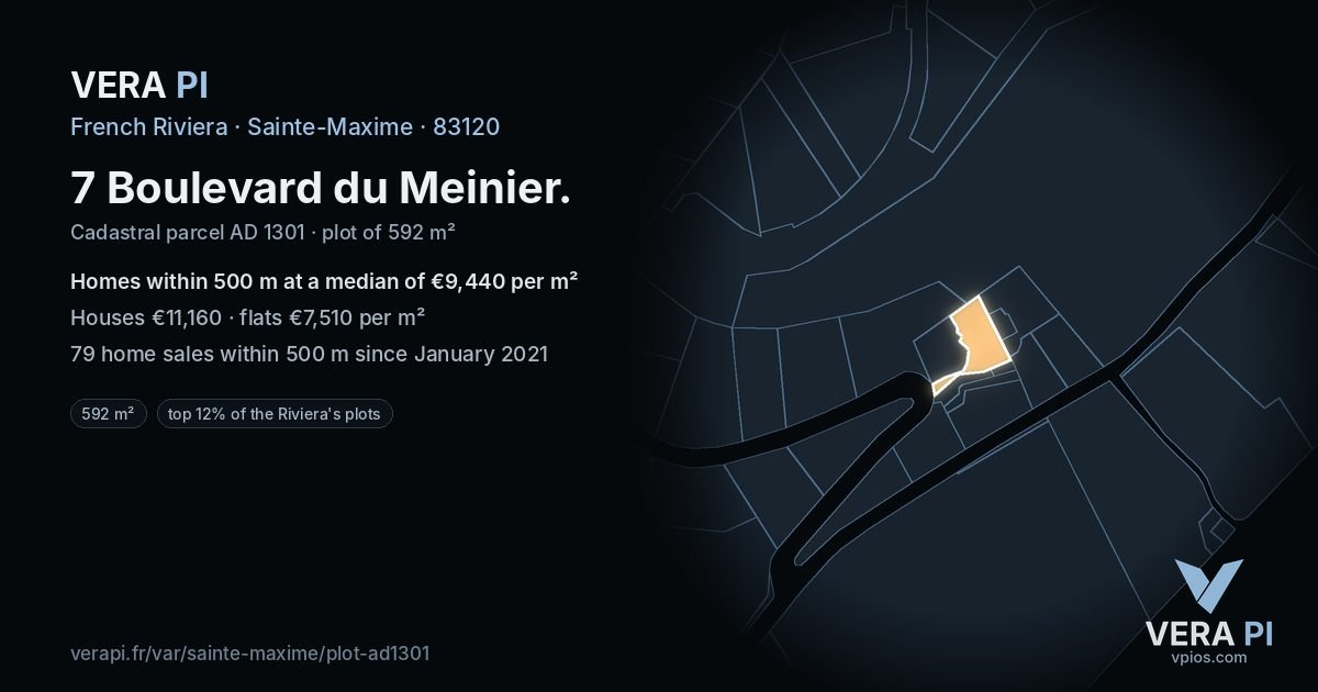 7 Boulevard du Meinier, Sainte-Maxime at night – the plot lit, the parcels around coloured by the prices near them