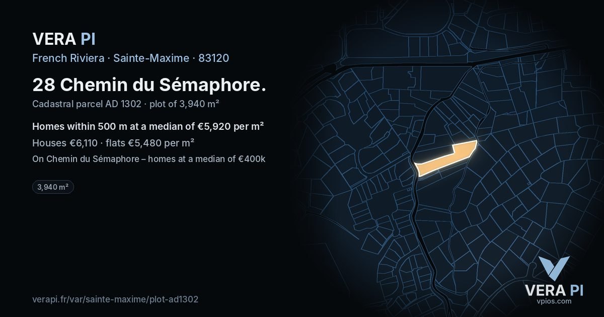 28 Chemin du Sémaphore, Sainte-Maxime at night – the plot lit, the parcels around coloured by the prices near them