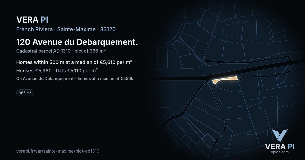 120 Avenue du Debarquement, Sainte-Maxime at night – the plot lit, the parcels around coloured by the prices near them