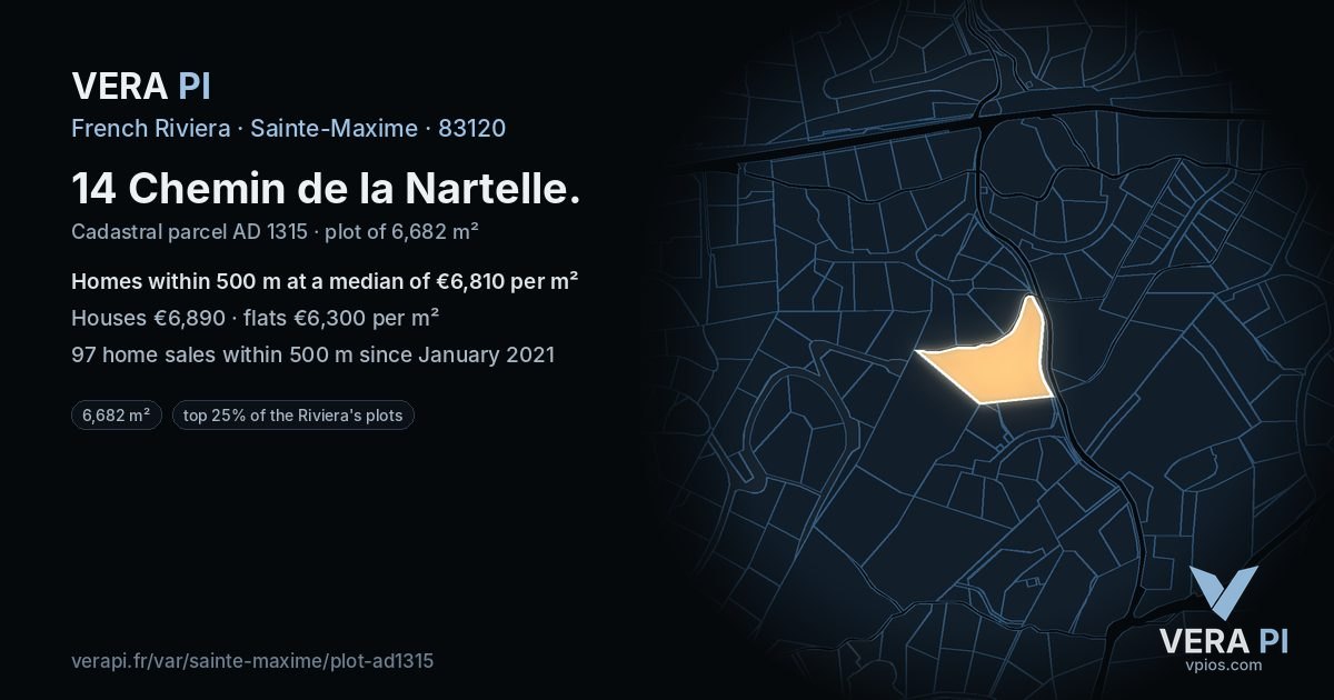 14 Chemin de la Nartelle, Sainte-Maxime at night – the plot lit, the parcels around coloured by the prices near them