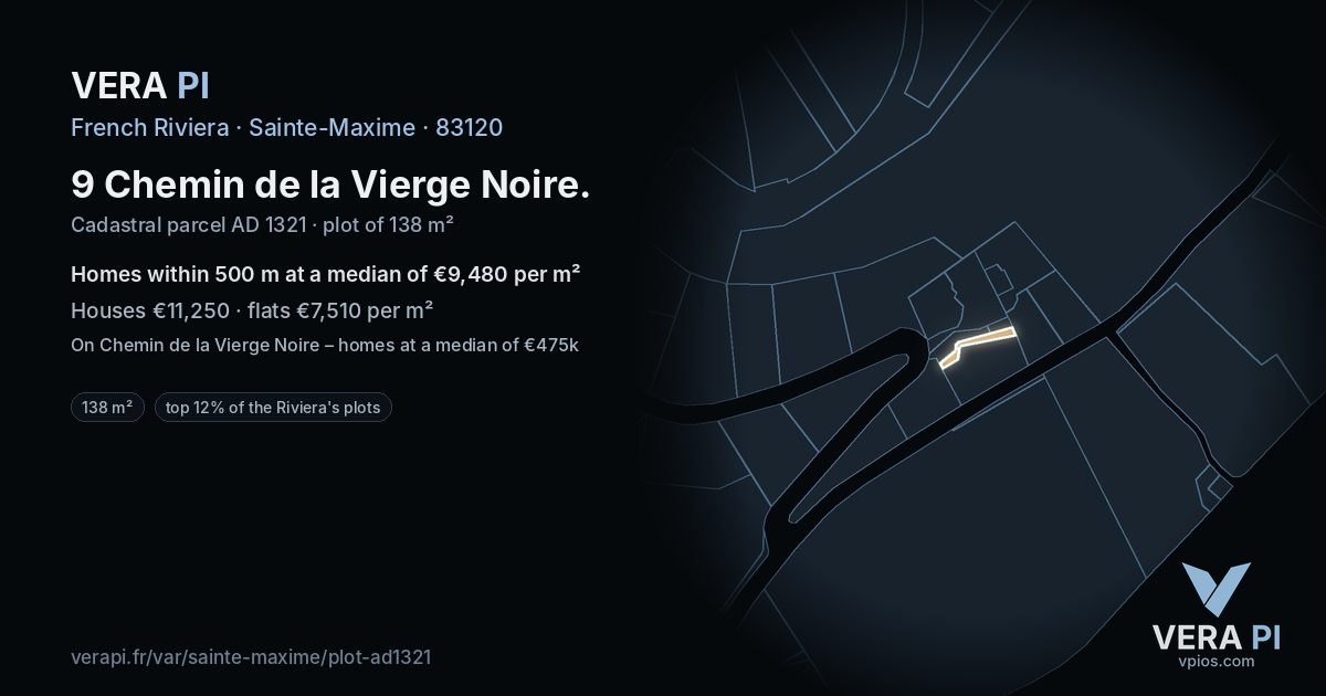 9 Chemin de la Vierge Noire, Sainte-Maxime at night – the plot lit, the parcels around coloured by the prices near them