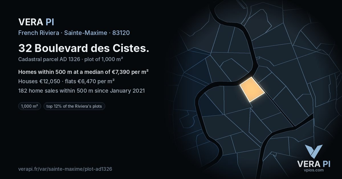 32 Boulevard des Cistes, Sainte-Maxime at night – the plot lit, the parcels around coloured by the prices near them