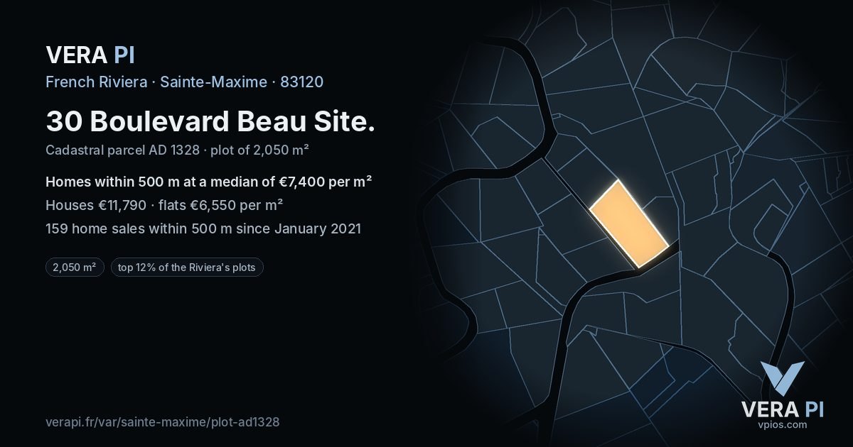 30 Boulevard Beau Site, Sainte-Maxime at night – the plot lit, the parcels around coloured by the prices near them