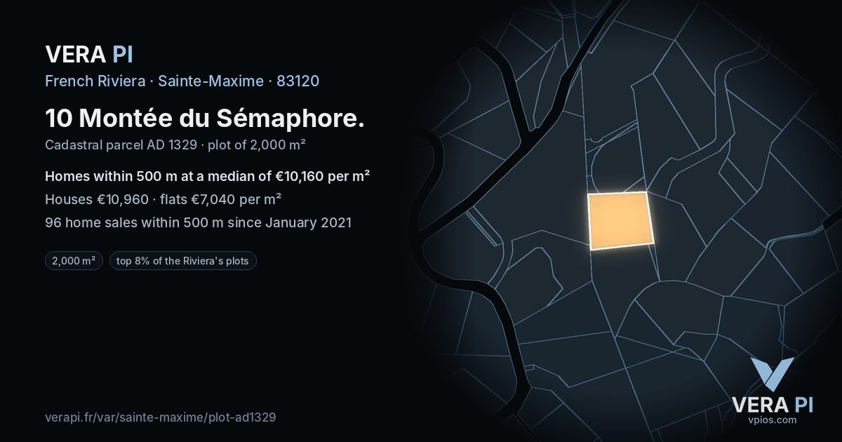 10 Montée du Sémaphore, Sainte-Maxime at night – the plot lit, the parcels around coloured by the prices near them