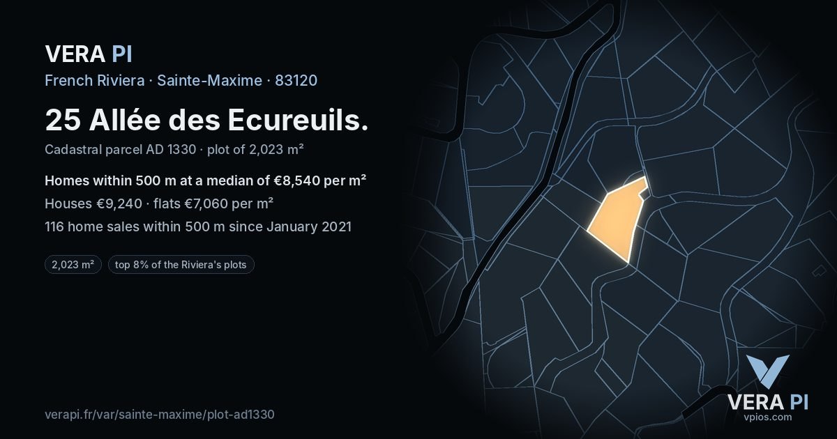 25 Allée des Ecureuils, Sainte-Maxime at night – the plot lit, the parcels around coloured by the prices near them