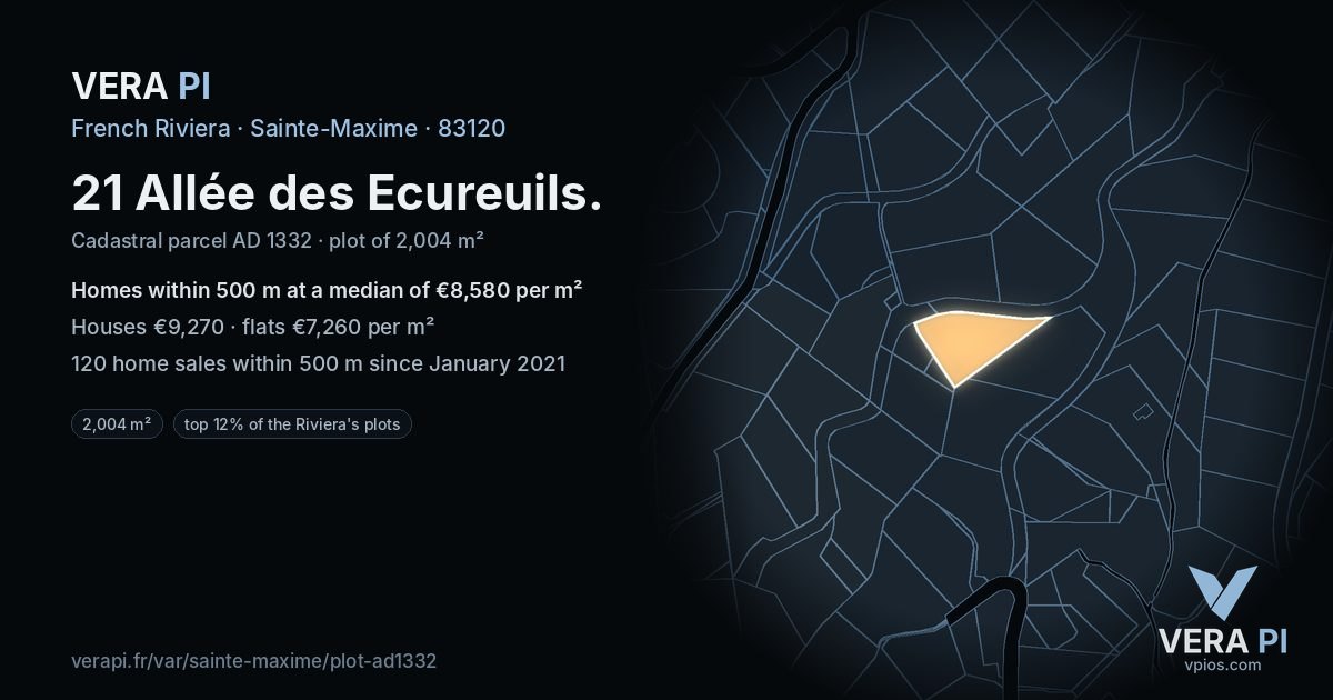 21 Allée des Ecureuils, Sainte-Maxime at night – the plot lit, the parcels around coloured by the prices near them
