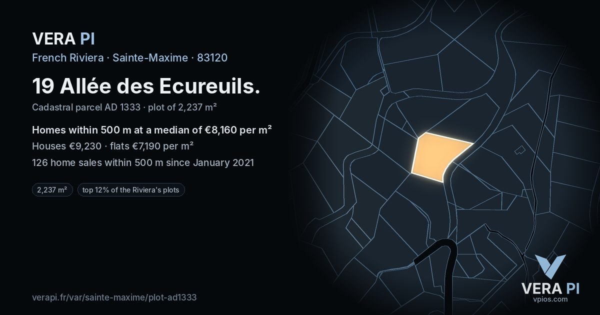 19 Allée des Ecureuils, Sainte-Maxime at night – the plot lit, the parcels around coloured by the prices near them