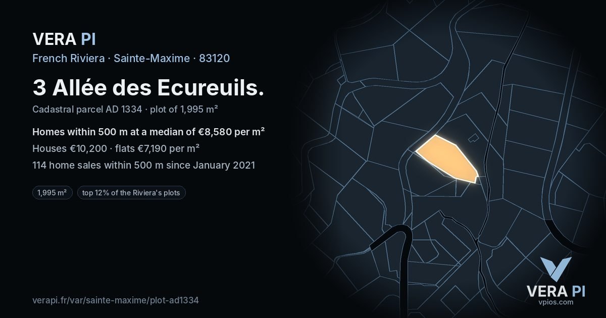 3 Allée des Ecureuils, Sainte-Maxime at night – the plot lit, the parcels around coloured by the prices near them