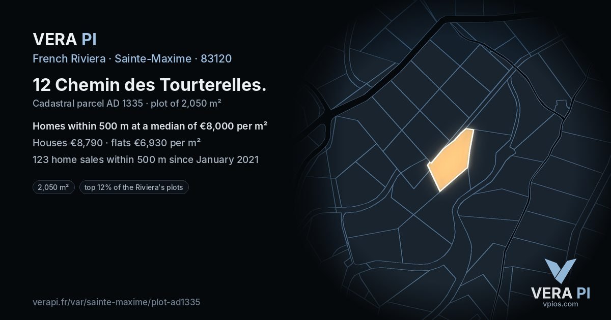 12 Chemin des Tourterelles, Sainte-Maxime at night – the plot lit, the parcels around coloured by the prices near them