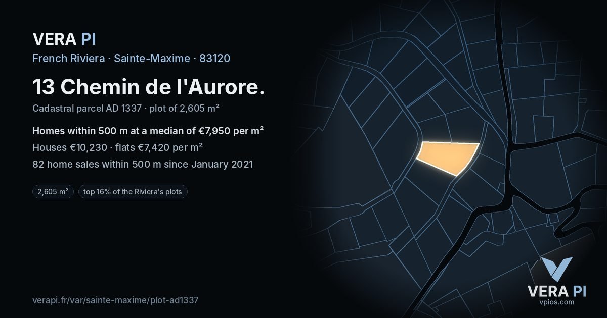 13 Chemin de l'Aurore, Sainte-Maxime at night – the plot lit, the parcels around coloured by the prices near them