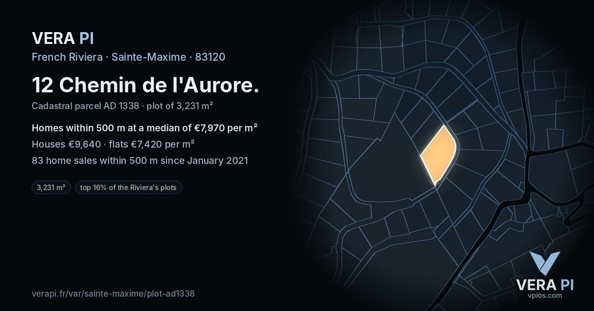 12 Chemin de l'Aurore, Sainte-Maxime at night – the plot lit, the parcels around coloured by the prices near them