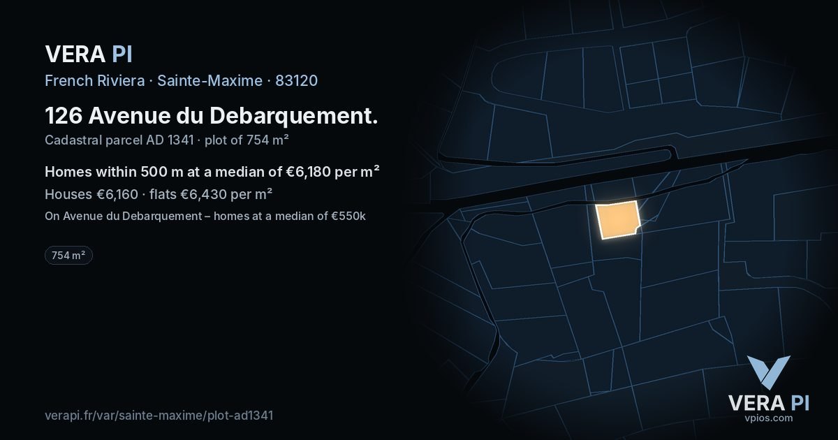126 Avenue du Debarquement, Sainte-Maxime at night – the plot lit, the parcels around coloured by the prices near them