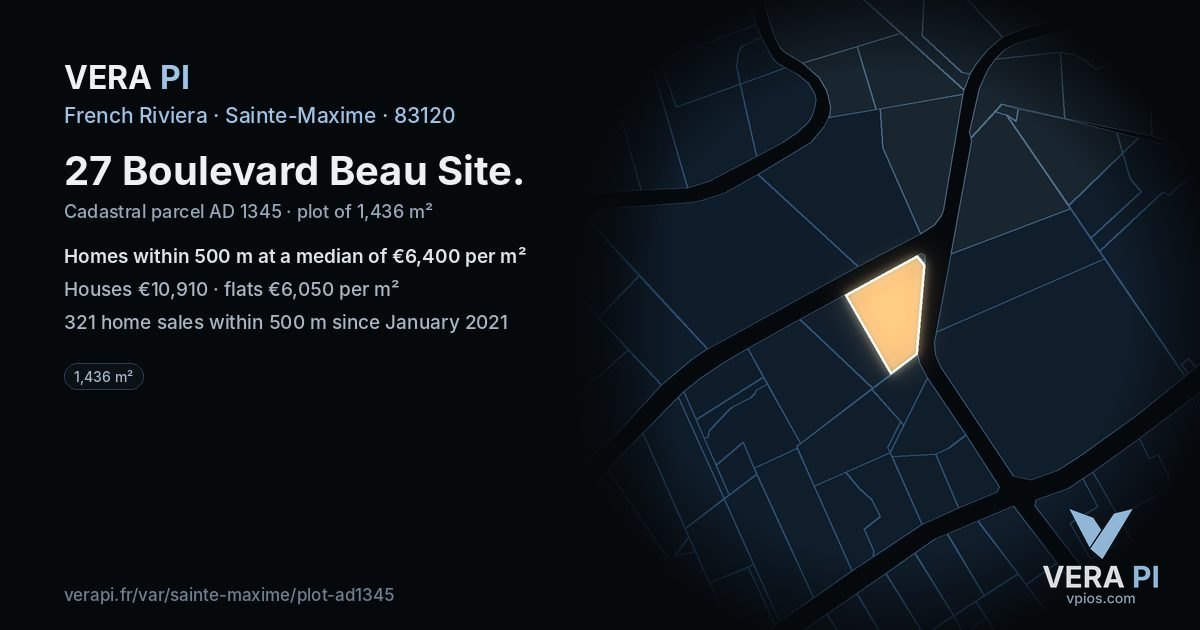 27 Boulevard Beau Site, Sainte-Maxime at night – the plot lit, the parcels around coloured by the prices near them