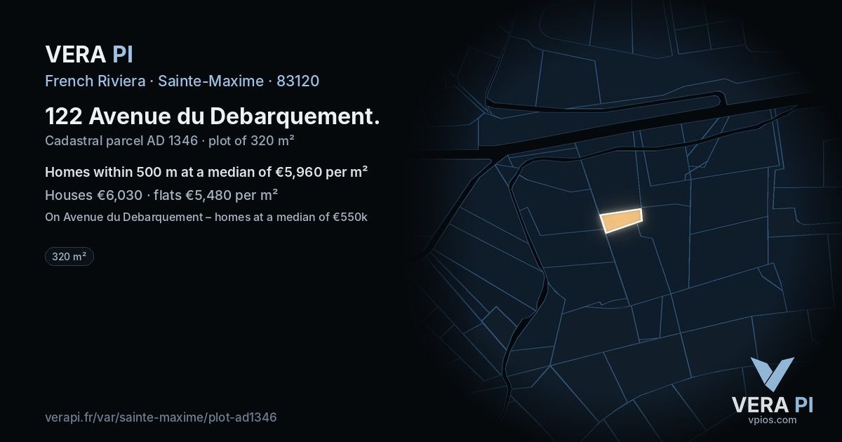122 Avenue du Debarquement, Sainte-Maxime at night – the plot lit, the parcels around coloured by the prices near them