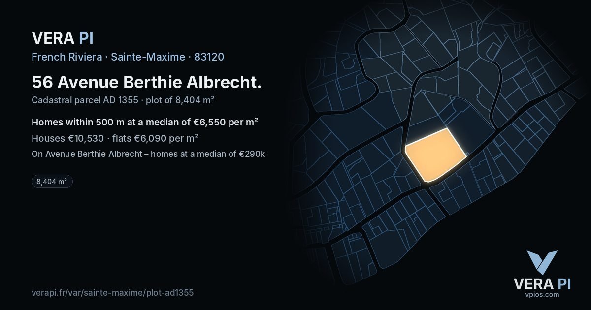 56 Avenue Berthie Albrecht, Sainte-Maxime at night – the plot lit, the parcels around coloured by the prices near them