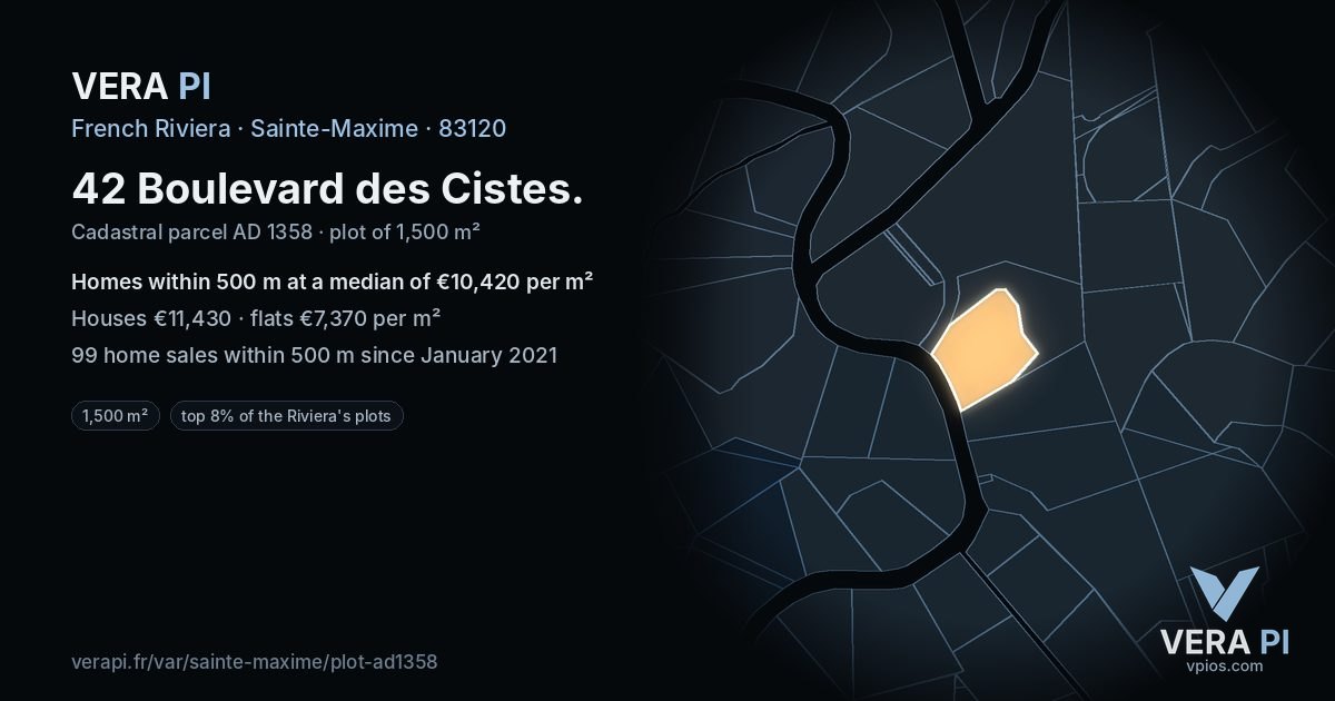 42 Boulevard des Cistes, Sainte-Maxime at night – the plot lit, the parcels around coloured by the prices near them