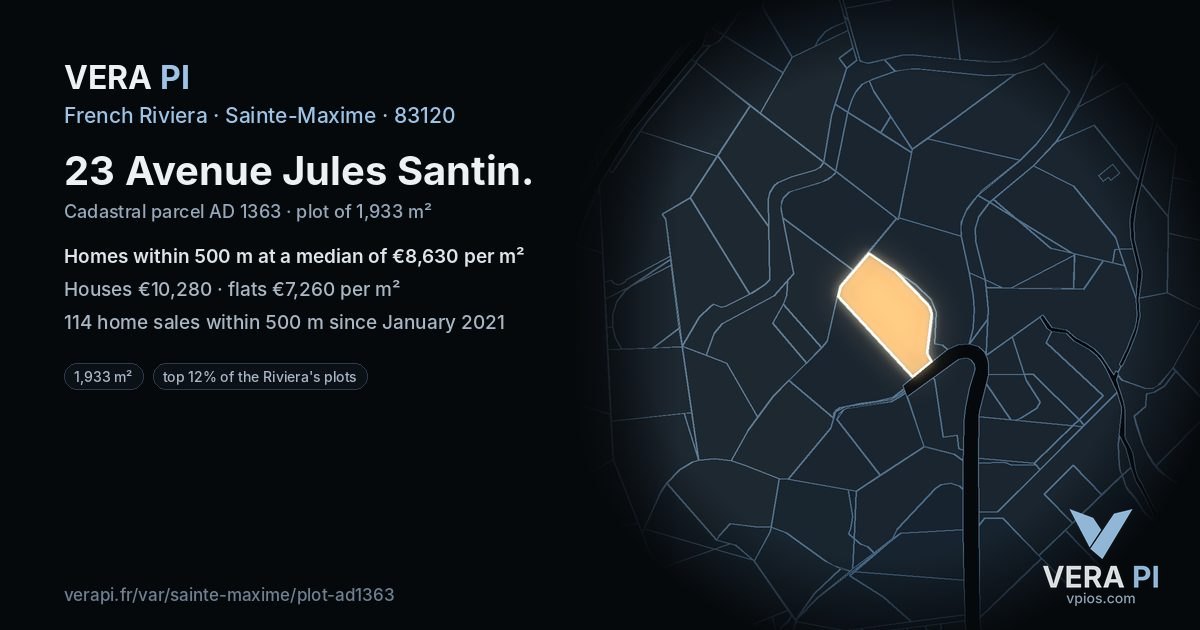 23 Avenue Jules Santin, Sainte-Maxime at night – the plot lit, the parcels around coloured by the prices near them