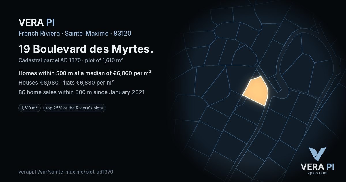 19 Boulevard des Myrtes, Sainte-Maxime at night – the plot lit, the parcels around coloured by the prices near them