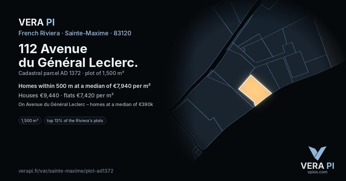 112 Avenue du Général Leclerc, Sainte-Maxime at night – the plot lit, the parcels around coloured by the prices near them