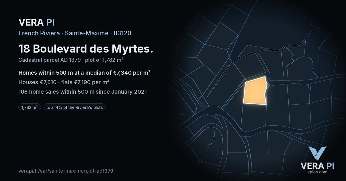 18 Boulevard des Myrtes, Sainte-Maxime at night – the plot lit, the parcels around coloured by the prices near them