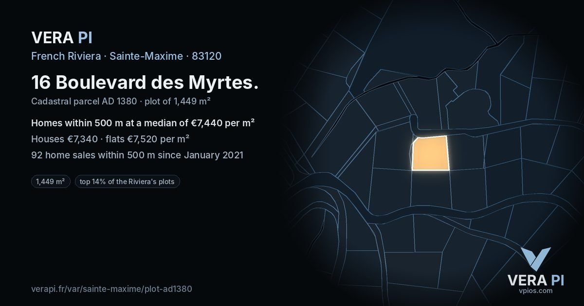 16 Boulevard des Myrtes, Sainte-Maxime at night – the plot lit, the parcels around coloured by the prices near them