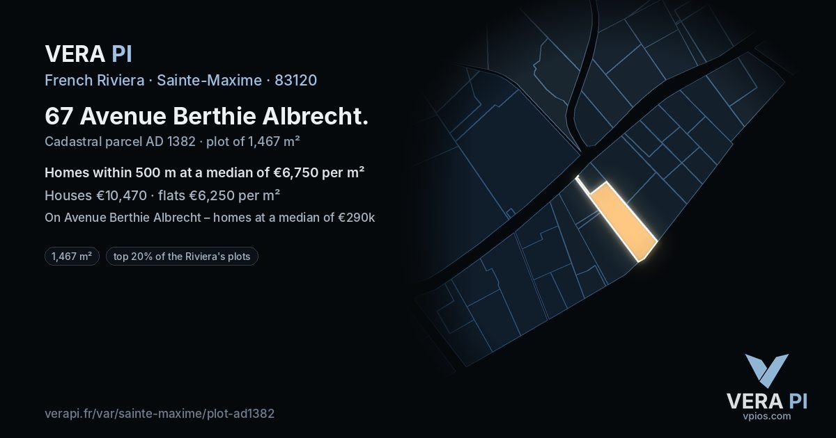 67 Avenue Berthie Albrecht, Sainte-Maxime at night – the plot lit, the parcels around coloured by the prices near them