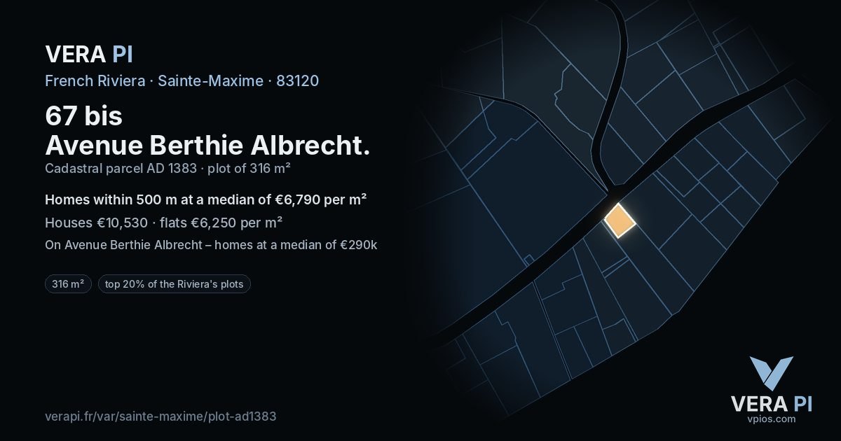 67 bis Avenue Berthie Albrecht, Sainte-Maxime at night – the plot lit, the parcels around coloured by the prices near them