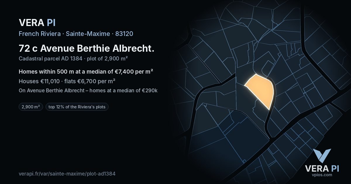 72 c Avenue Berthie Albrecht, Sainte-Maxime at night – the plot lit, the parcels around coloured by the prices near them