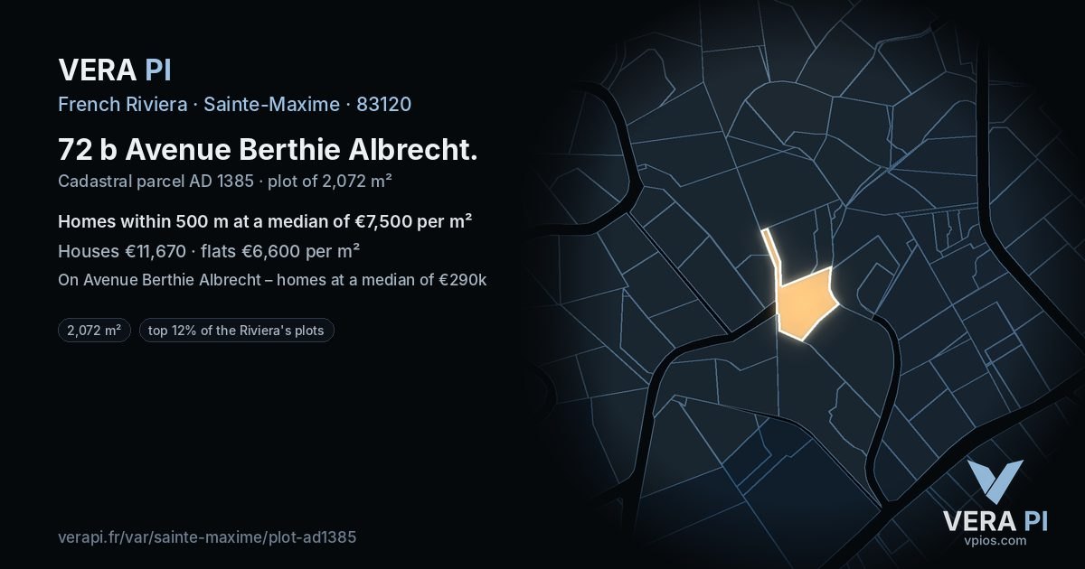 72 b Avenue Berthie Albrecht, Sainte-Maxime at night – the plot lit, the parcels around coloured by the prices near them