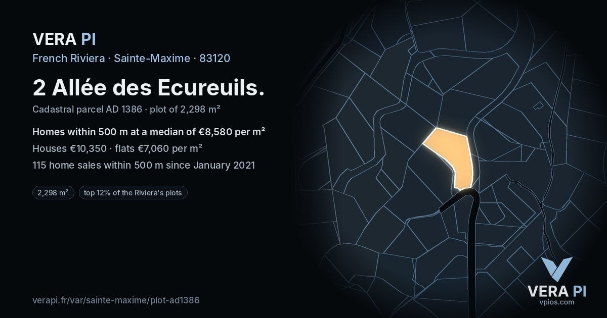 2 Allée des Ecureuils, Sainte-Maxime at night – the plot lit, the parcels around coloured by the prices near them