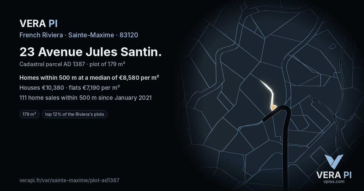 23 Avenue Jules Santin, Sainte-Maxime at night – the plot lit, the parcels around coloured by the prices near them