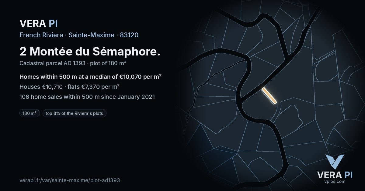 2 Montée du Sémaphore, Sainte-Maxime at night – the plot lit, the parcels around coloured by the prices near them