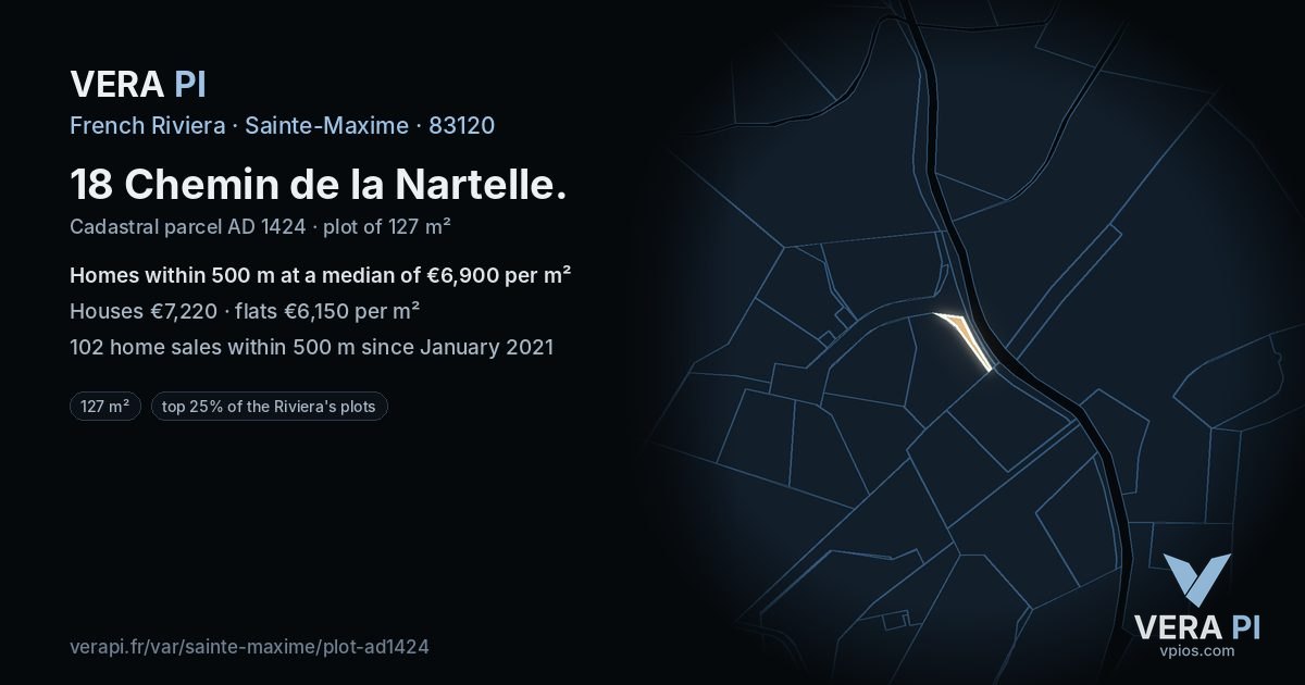 18 Chemin de la Nartelle, Sainte-Maxime at night – the plot lit, the parcels around coloured by the prices near them