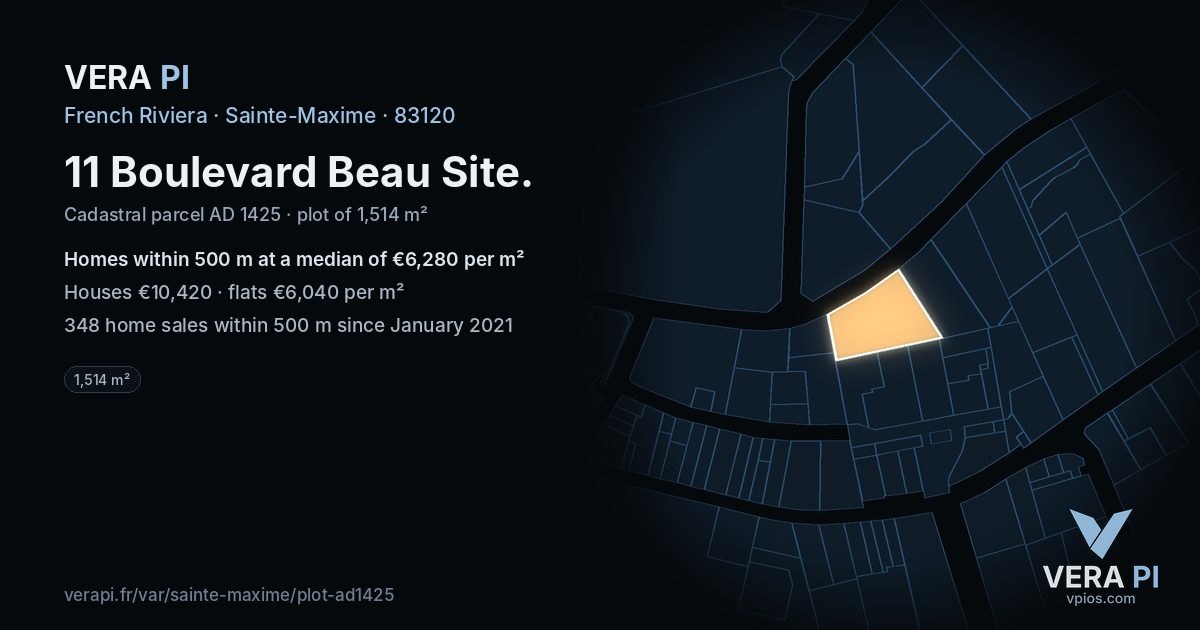 11 Boulevard Beau Site, Sainte-Maxime at night – the plot lit, the parcels around coloured by the prices near them