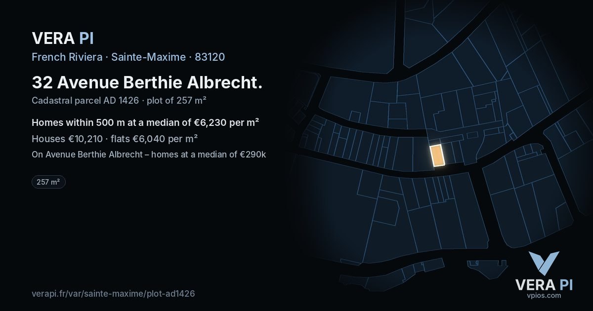 32 Avenue Berthie Albrecht, Sainte-Maxime at night – the plot lit, the parcels around coloured by the prices near them