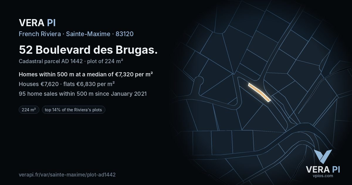 52 Boulevard des Brugas, Sainte-Maxime at night – the plot lit, the parcels around coloured by the prices near them