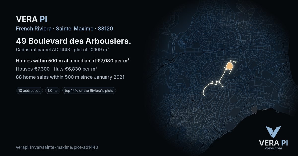 49 Boulevard des Arbousiers, Sainte-Maxime at night – the plot lit, the parcels around coloured by the prices near them