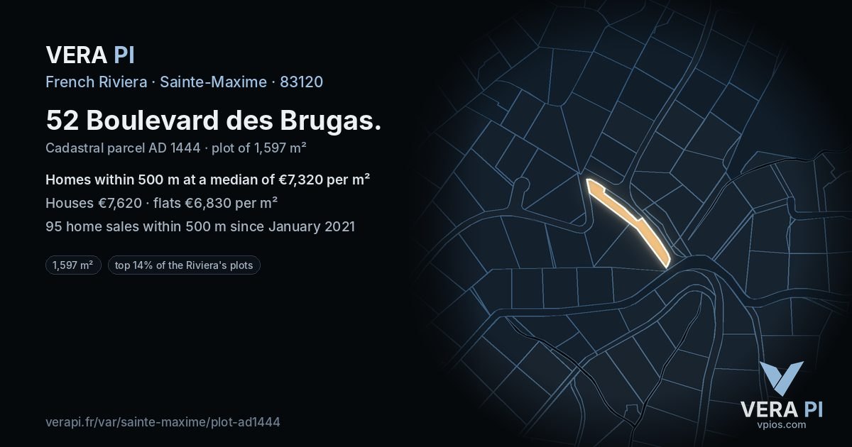 52 Boulevard des Brugas, Sainte-Maxime at night – the plot lit, the parcels around coloured by the prices near them