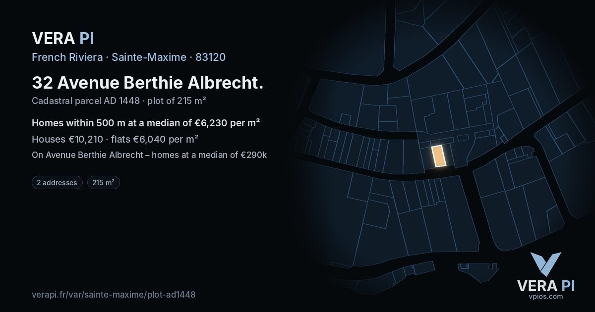 32 Avenue Berthie Albrecht, Sainte-Maxime at night – the plot lit, the parcels around coloured by the prices near them