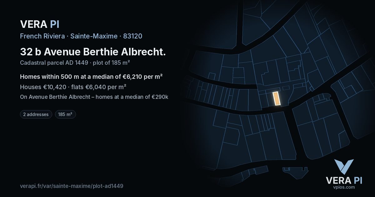 32 b Avenue Berthie Albrecht, Sainte-Maxime at night – the plot lit, the parcels around coloured by the prices near them