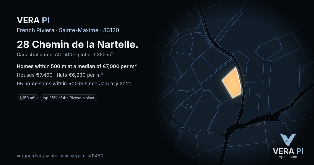 28 Chemin de la Nartelle, Sainte-Maxime at night – the plot lit, the parcels around coloured by the prices near them