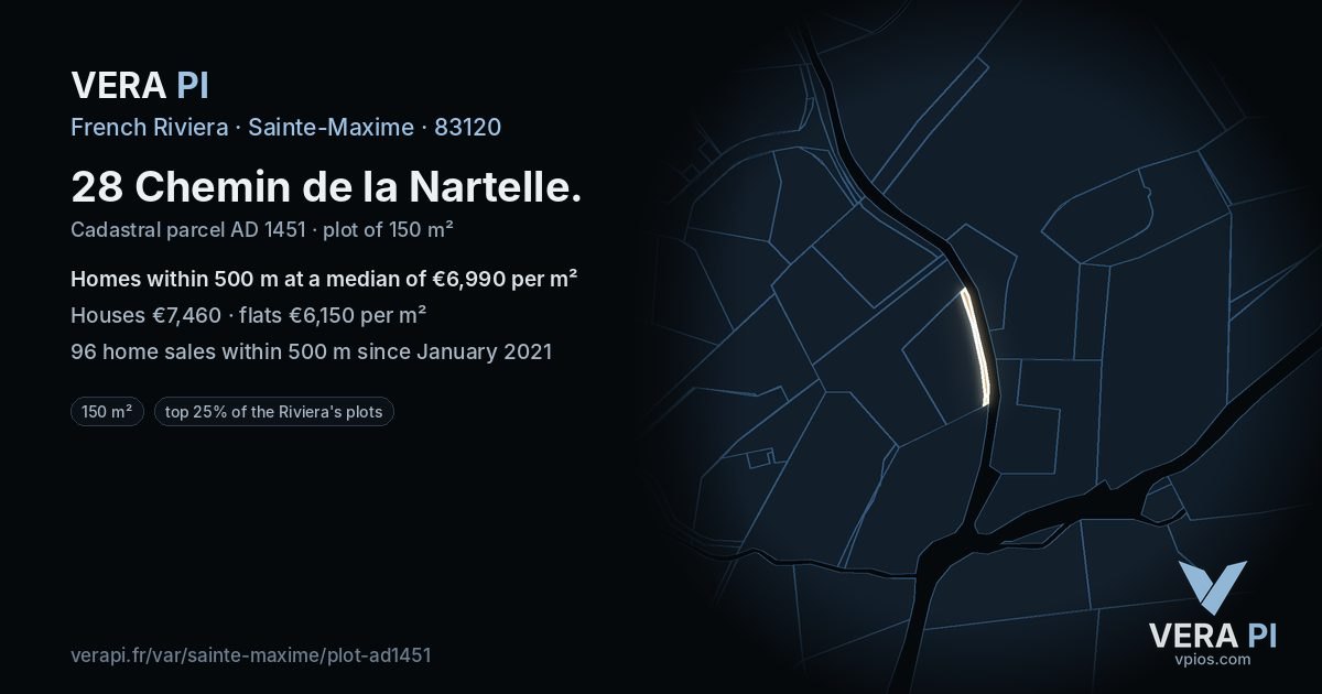 28 Chemin de la Nartelle, Sainte-Maxime at night – the plot lit, the parcels around coloured by the prices near them