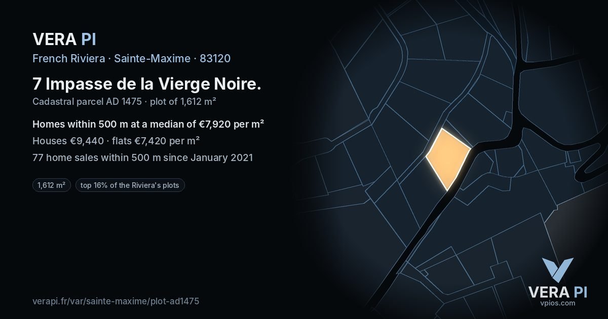 7 Impasse de la Vierge Noire, Sainte-Maxime at night – the plot lit, the parcels around coloured by the prices near them