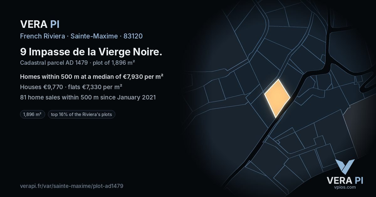 9 Impasse de la Vierge Noire, Sainte-Maxime at night – the plot lit, the parcels around coloured by the prices near them
