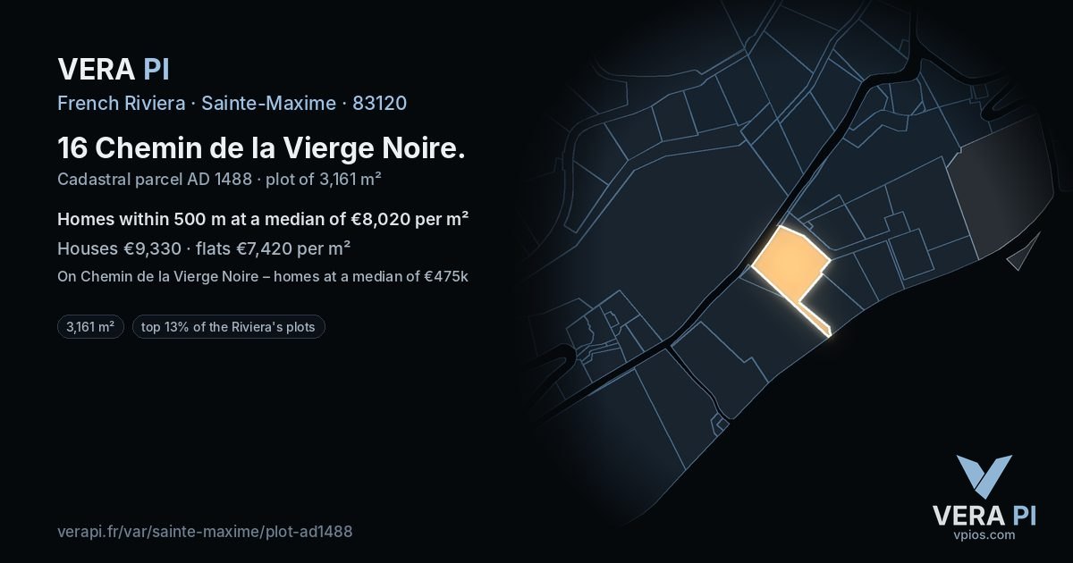 16 Chemin de la Vierge Noire, Sainte-Maxime at night – the plot lit, the parcels around coloured by the prices near them